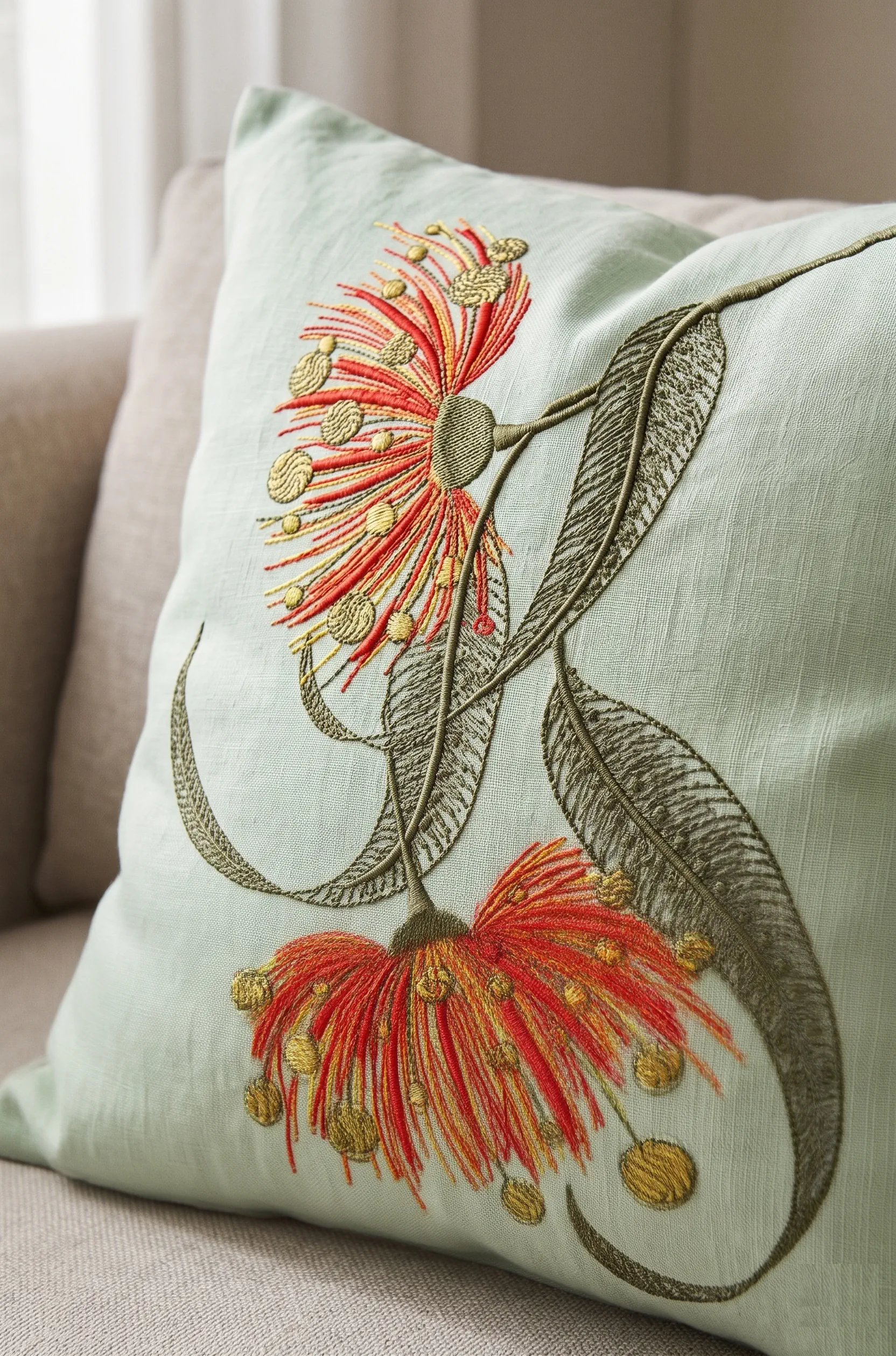 Full view of embroidered eucalyptus cushion with two flowering branches on sage linen