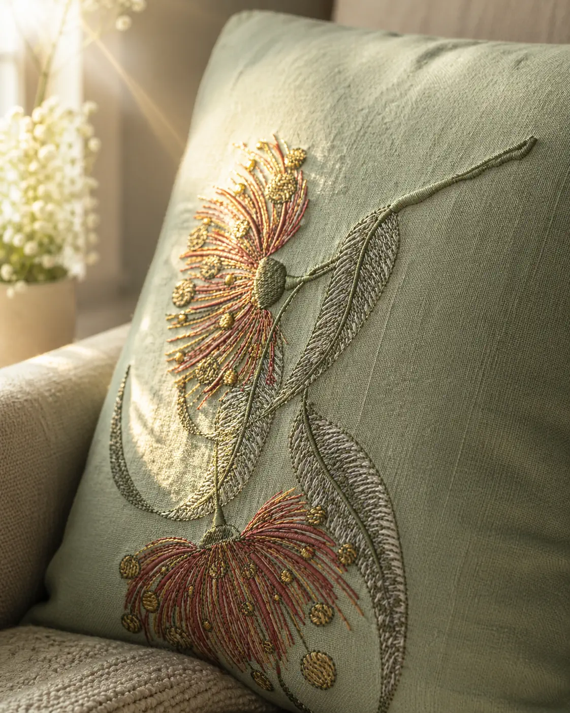 Embroidered eucalyptus cushion on armchair in golden morning light