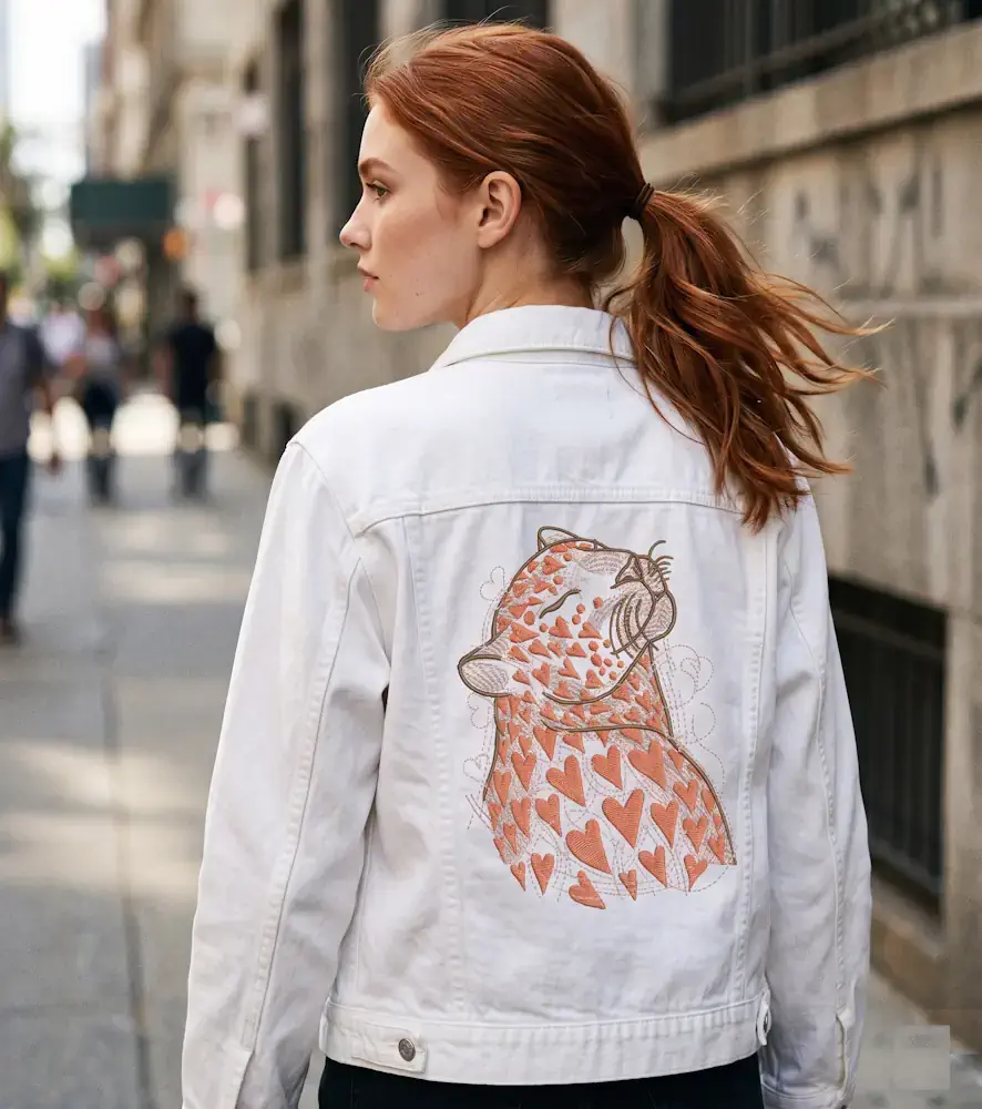 Woman in white embroidered denim jacket on Italian street at golden hour