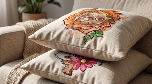 Two cushions with dogs embroideyr designs
