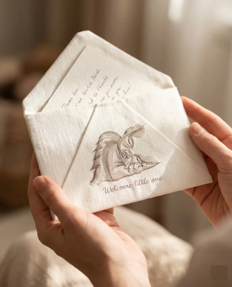 Embroidered linen book cover with sleeping angel and name Alexander