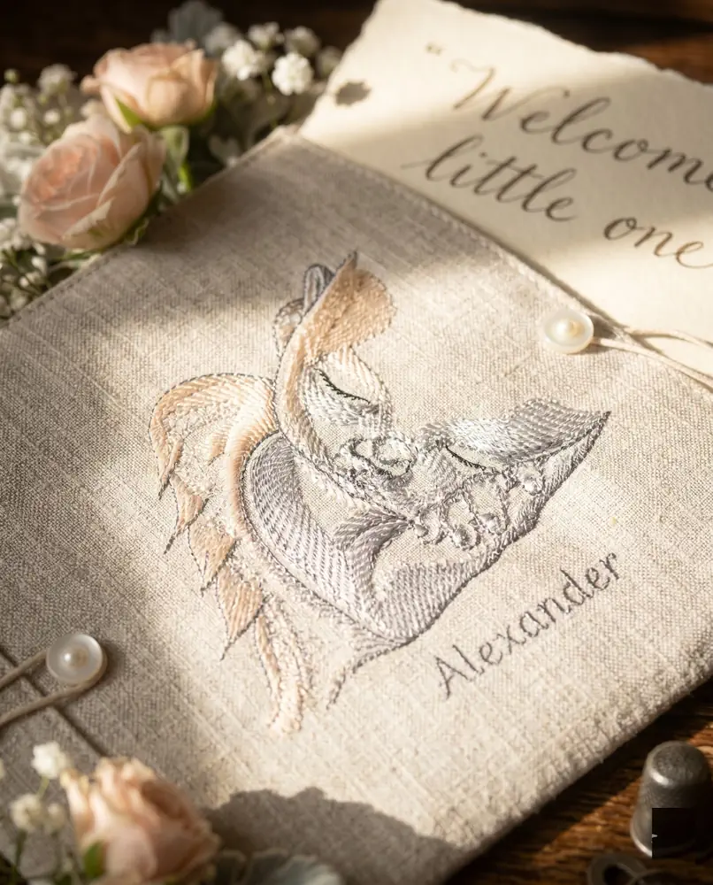Fabric linen envelope with sleeping angel embroidery - Welcome little one